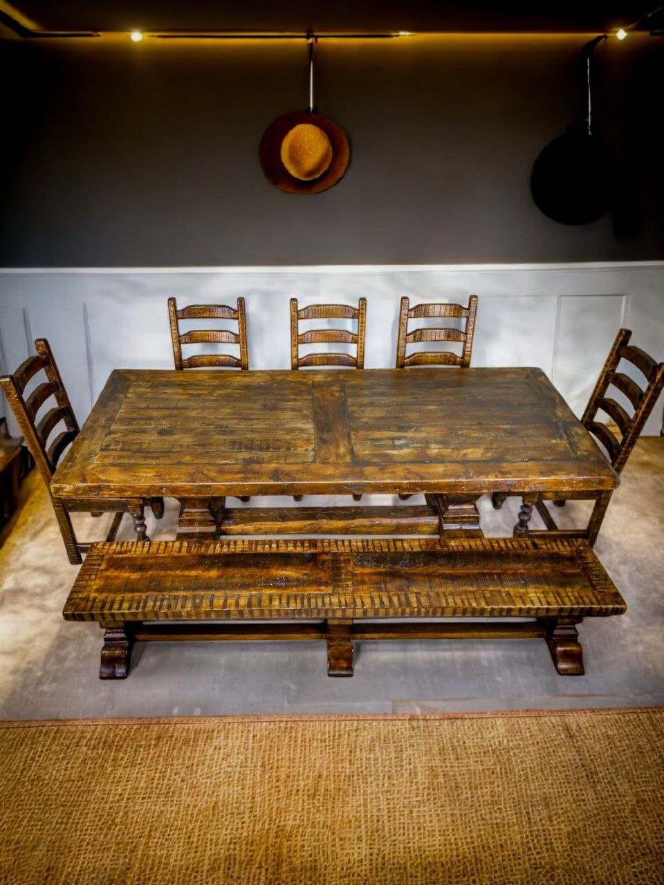 Old Fashion Dining Table 84" + 5 Old Fashion Sonora Chairs + 78" Old Fashion bench