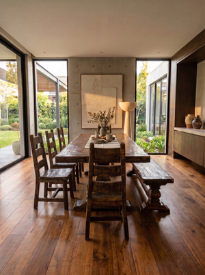 Old Fashion Dining Table +  Aztec Chairs + Old Fashion Bench