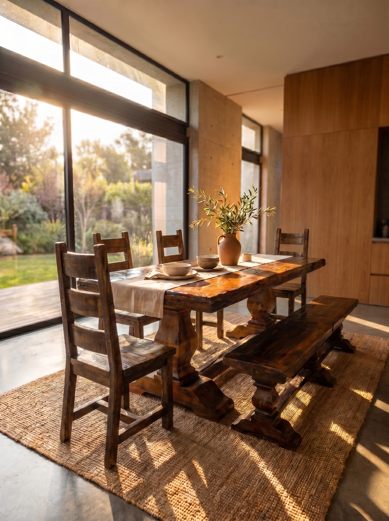 Old Fashion Dining Table +  Aztec Chairs + Old Fashion Bench