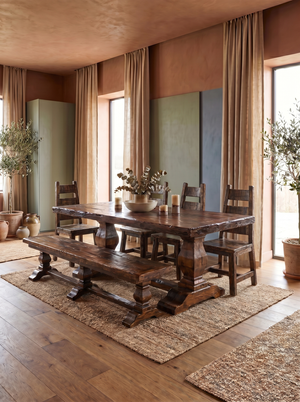 Old Fashion Dining Table +  Aztec Chairs + Old Fashion Bench