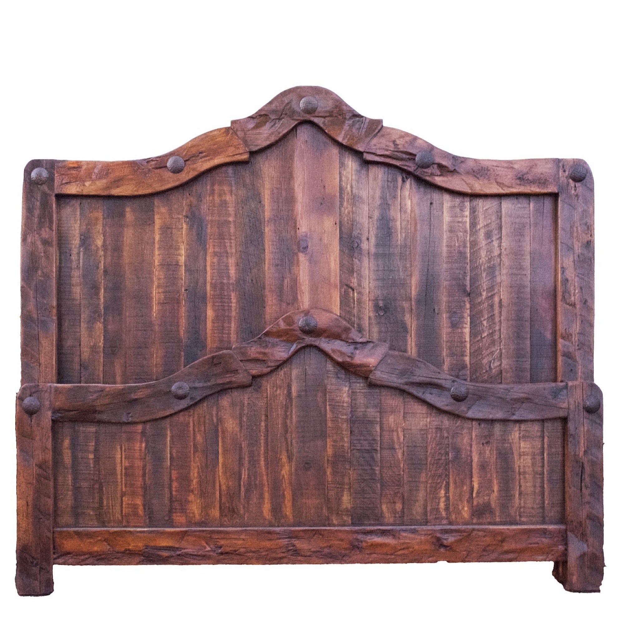 Rustic wooden headboard with carved details