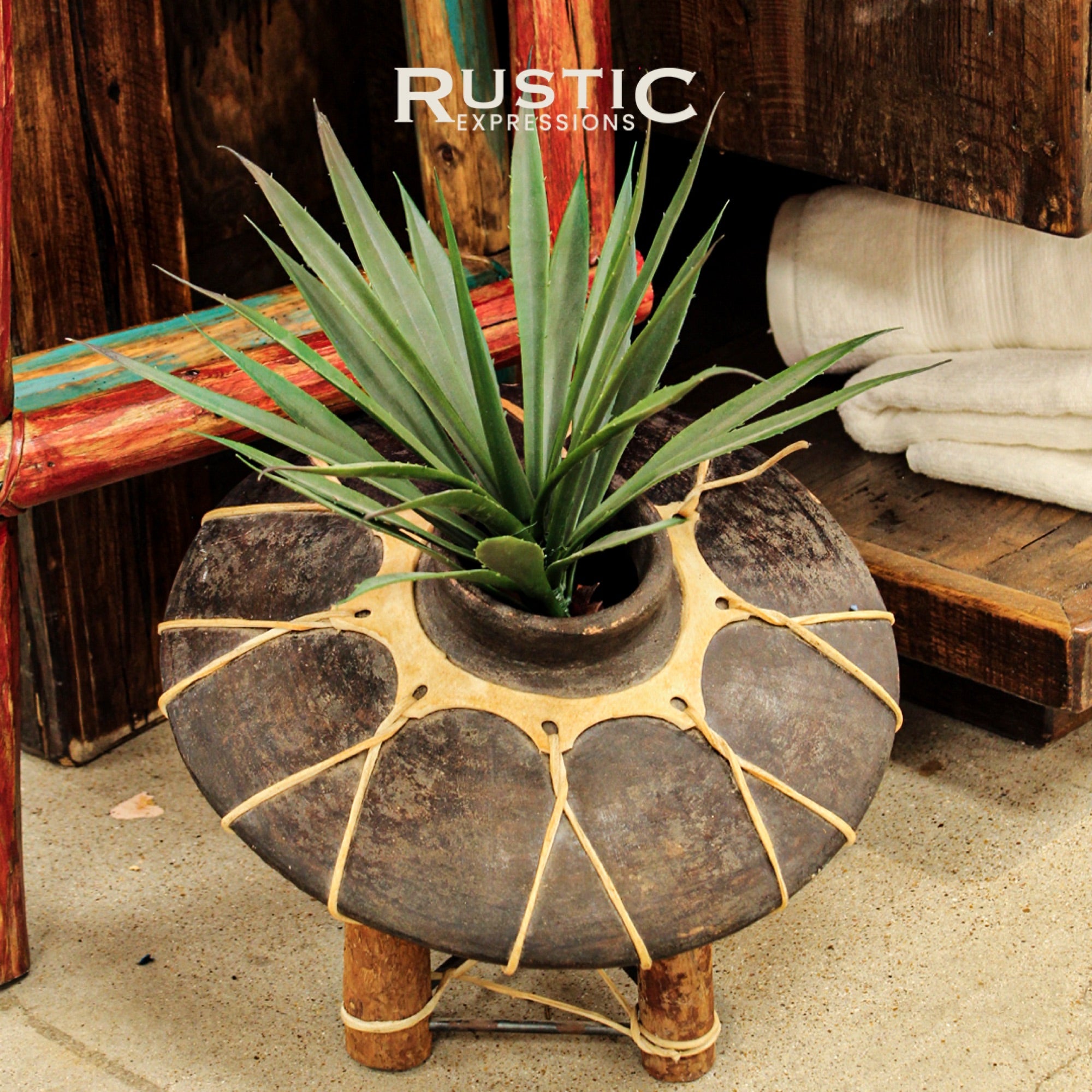 Decorative plant in rustic pot with wooden accents