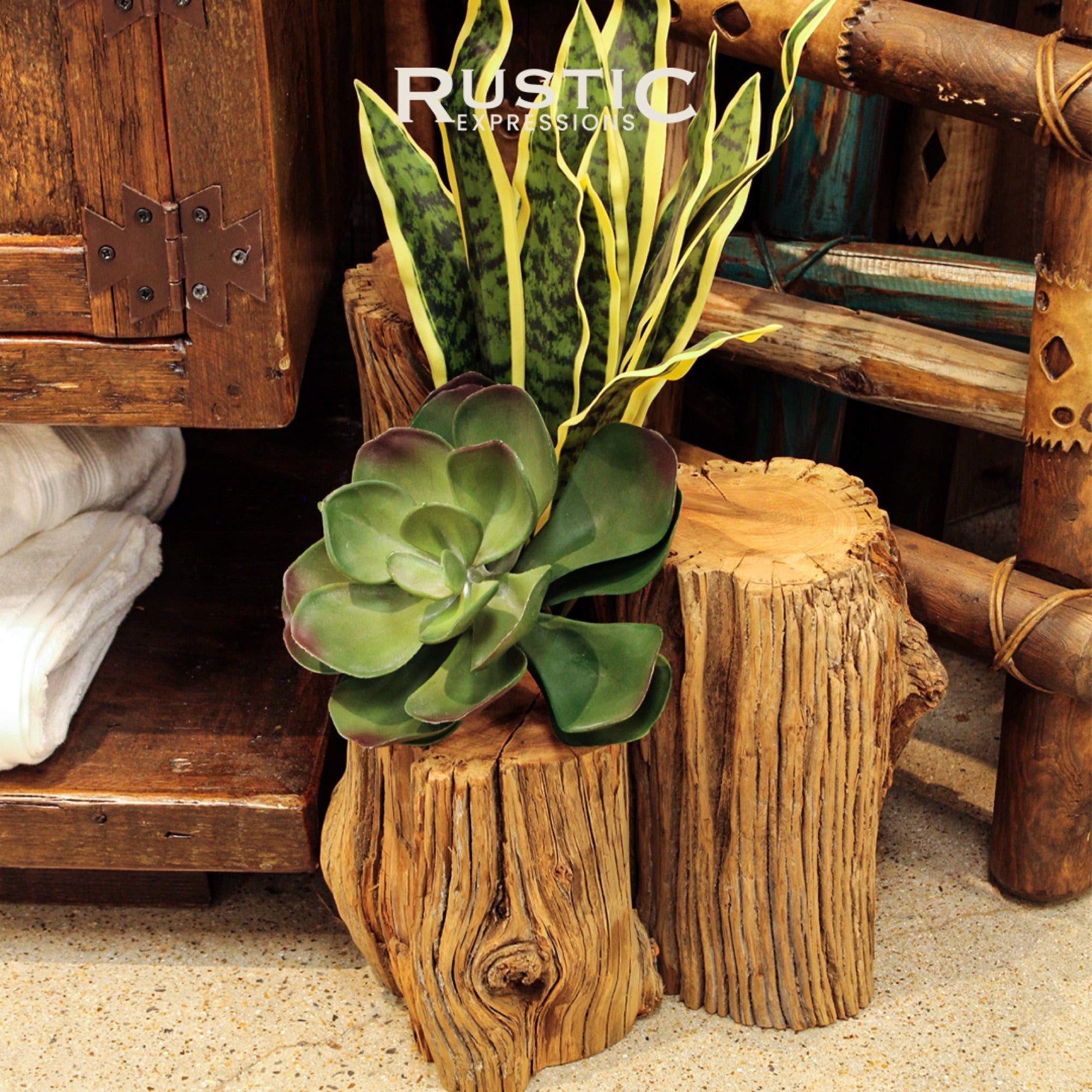 Wooden decor with artificial plants and towels