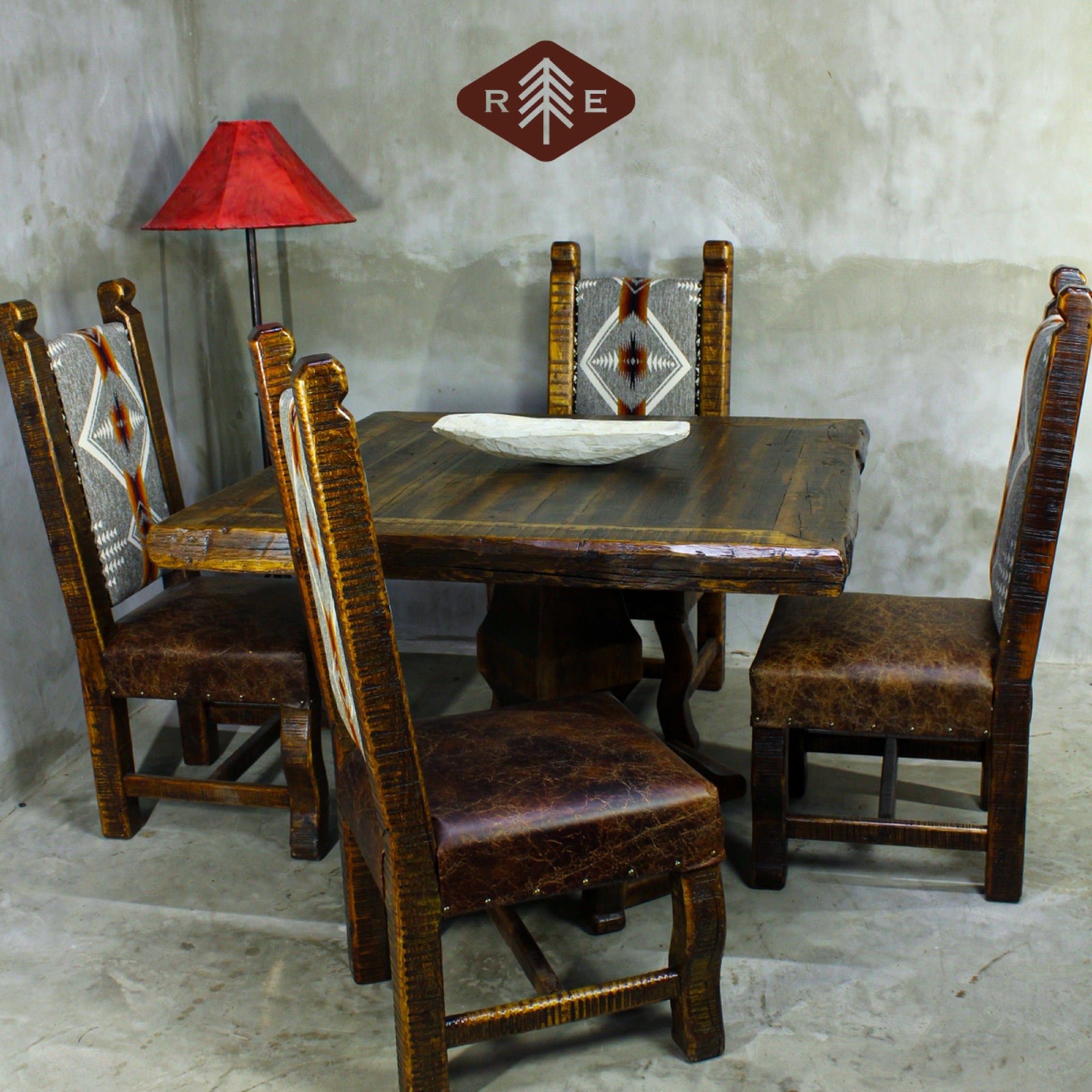 Rustic dining set with square wooden table and four chairs