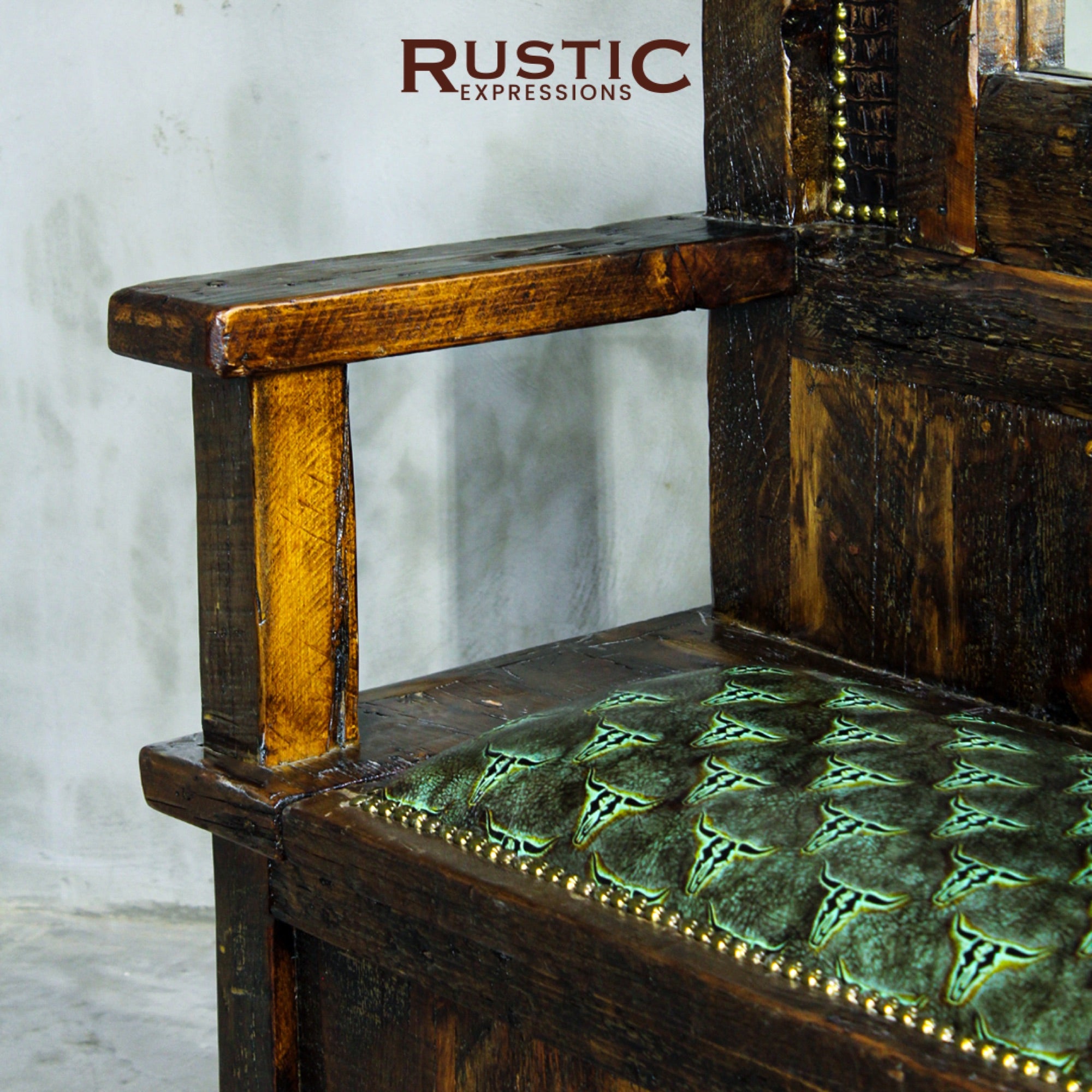Wooden chair with rustic finish and upholstered seat
